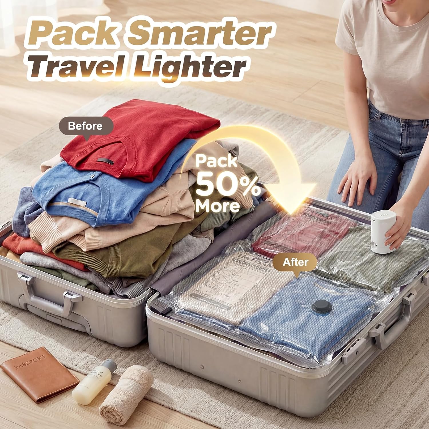 Vacuum Seal Bags for Clothing Travel with Rechargeable Electric Pump, Space Saver Vacuum Storage Bags Travel, Reusable Compression Bags for Luggage Home (14pcs Checkered) - Image 2