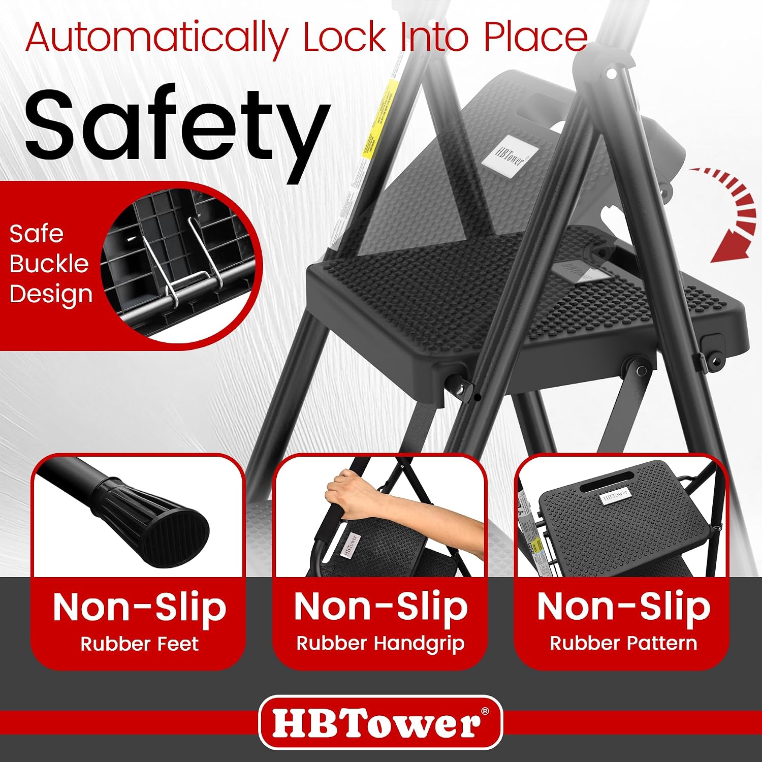 HBTower Step Ladder, Folding Step Stool with Wide Anti-Slip Pedal | Sturdy Steel Ladder, Convenient Handrail, Lightweight, Portable Steel Step Stool - Image 2