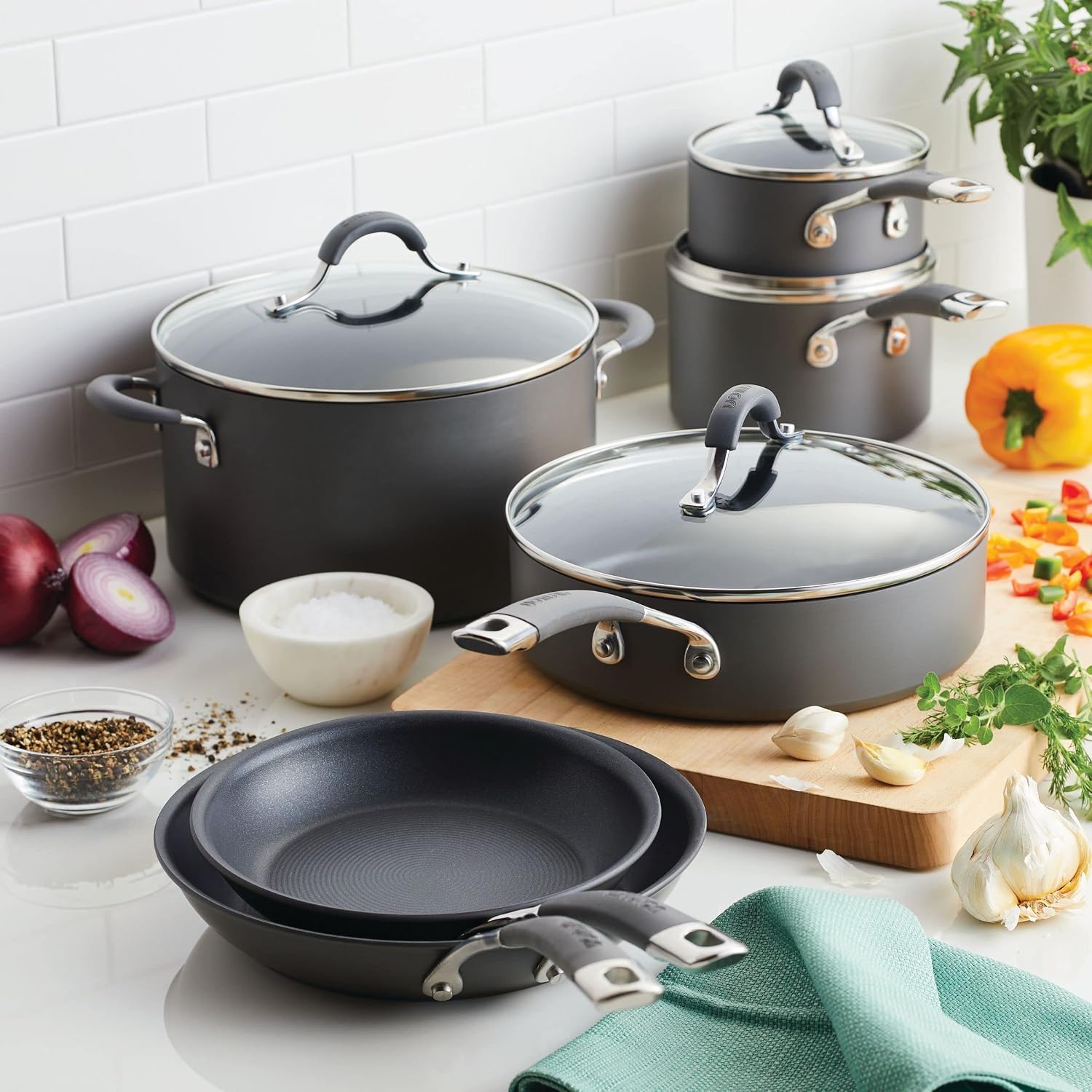 Circulon Radiance Nonstick Pots and Pans Set, 10-Piece, Gray | Oven safe non stick pots and pan set, dishwasher safe, easy cleanup, hard-anodized, tempered glass lids nonstick cookware set - Image 2