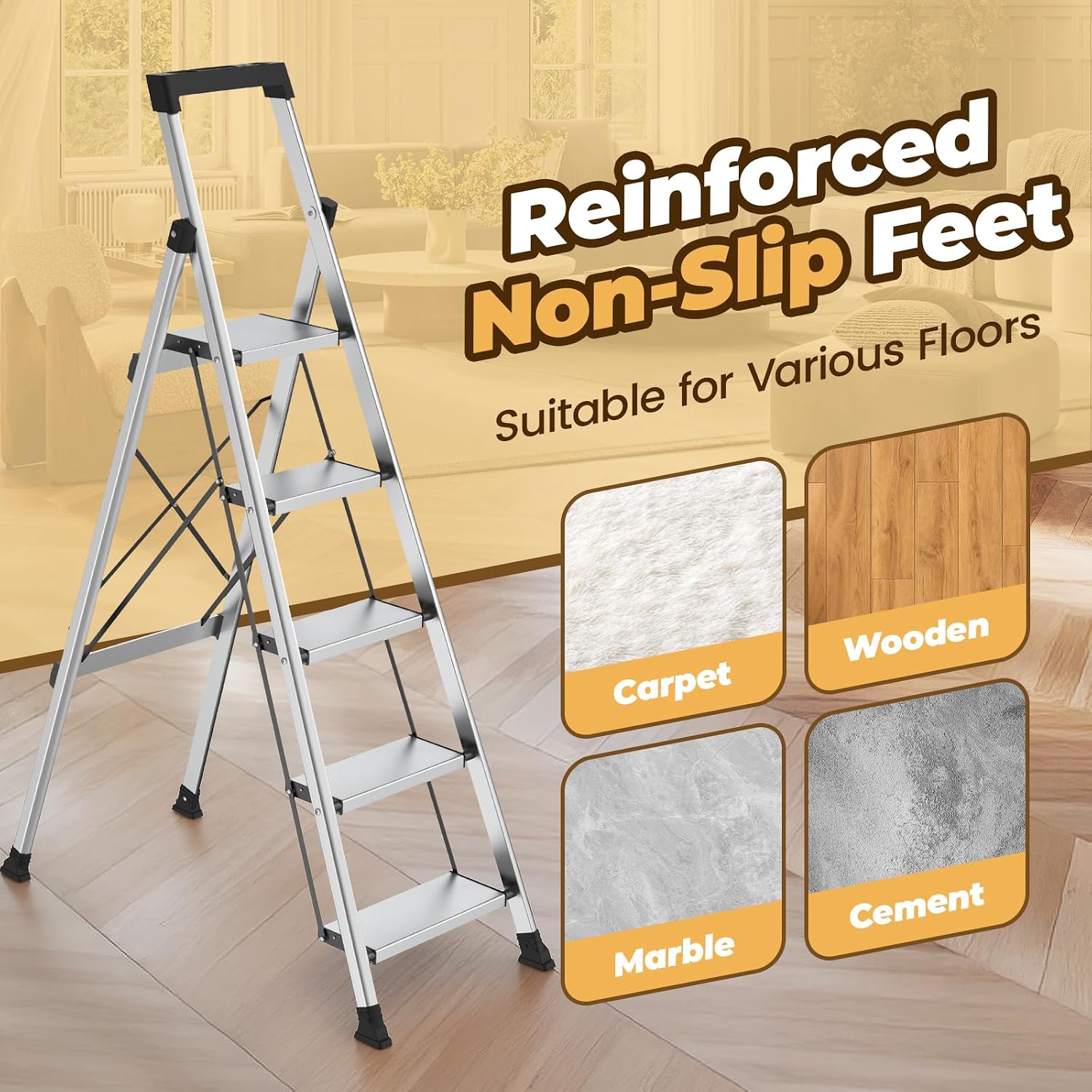 HBTower 5 Step Ladder, Lightweight Aluminum Folding Step Stool | Anti-Slip Wide Pedal, 330lbs Capacity Step Ladder for Household Kitchen Office, Silver - Image 5