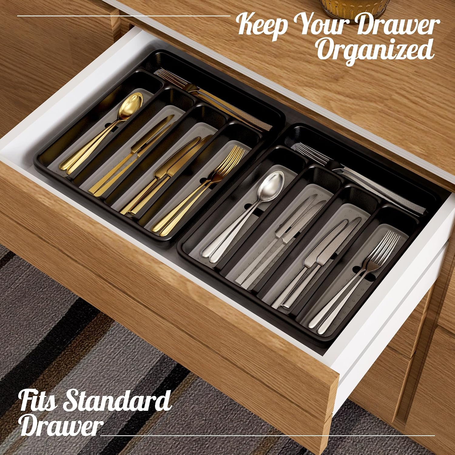 WEBACOO. Silverware Organizer for Kitchen Drawer - Non-Slip Utensil Drawer Organizer - Dishwasher Safe Cutlery Organizer Holds Spoons, Forks with 5 - Compartment - Image 3