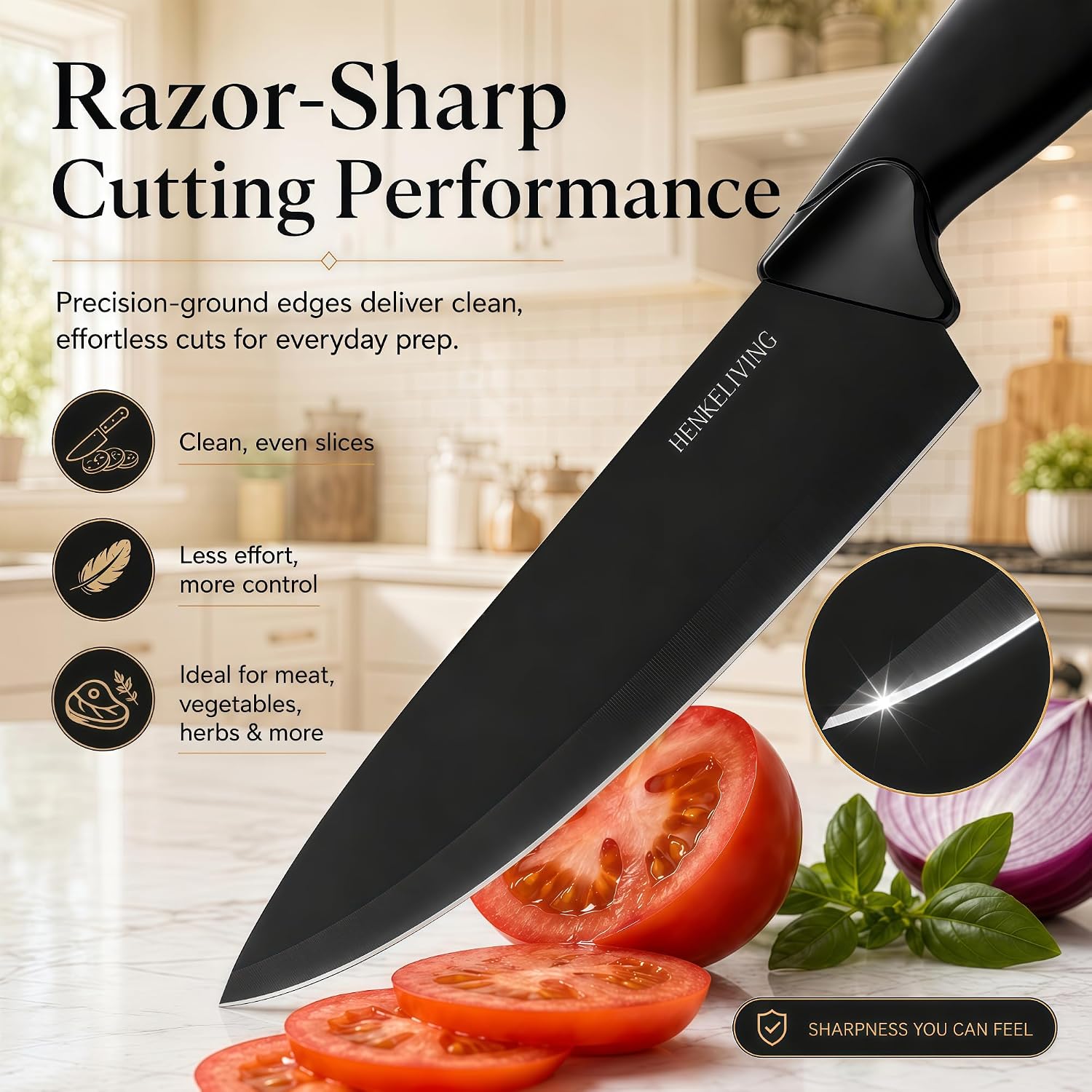 14-Piece Black Kitchen Knife Block Set with Built-In Sharpener | German high-carbon stainless steel blades, dishwasher safe, ultra-sharp edges, ergonomic non-slip handles - Image 4
