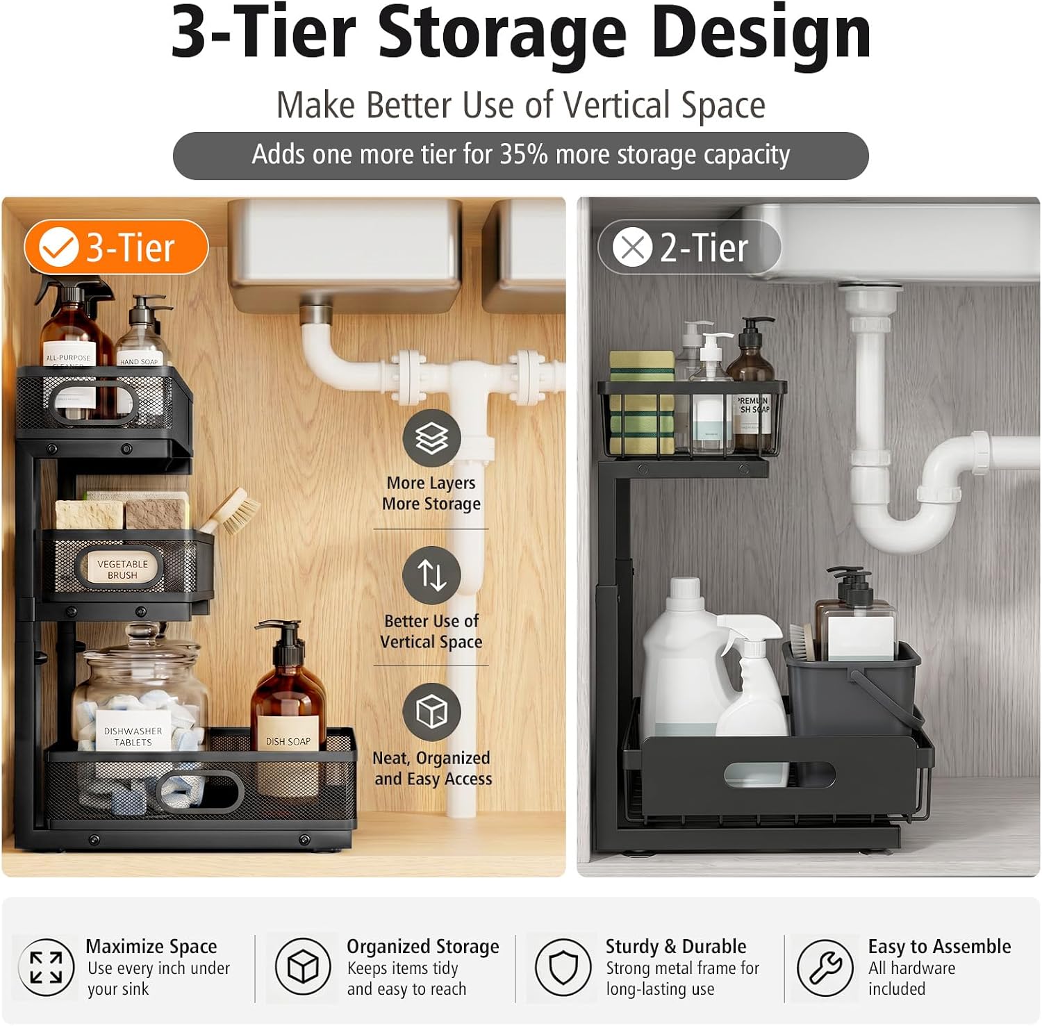 Under Sink Organizer, 3 Tier Pull Out Cabinet Organizer with 5 Adjustable Heights, Metal Under Sink Storage with Sliding Drawers for Kitchen, Bathroom, Pantry and Laundry Room, 2-Pack Black - Image 4