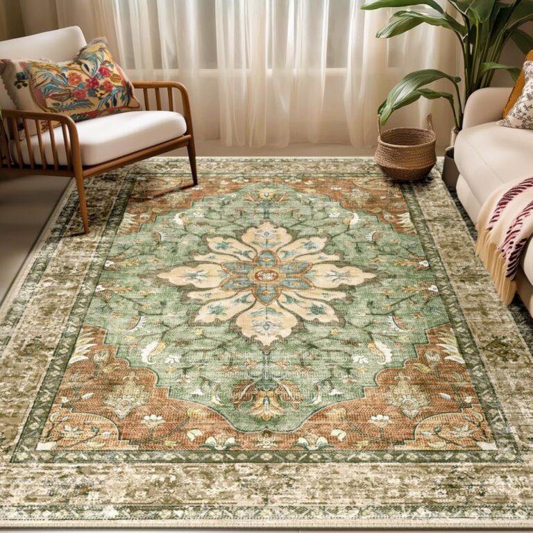 RELEANY Washable Area Rug, 5'x7', Brick/Brown/Green | Non-Slip, Water Repellent, Pet Friendly, Easy to Clean, Vintage Floral Boho Decor for Living Room Bedroom Dining Room Office