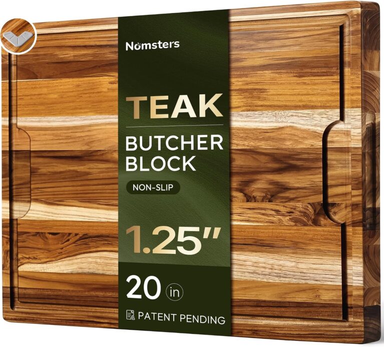20 x 15 in Teak Cutting Board, Butcher Block with Juice Groove | 1.25” Thick Cutting Board for Meat and Brisket, Wood Cutting Board for Picnic, End Grain Cutting Board for Carving