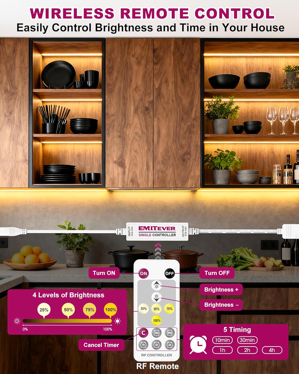 EMITEVER Under Cabinet Lighting 6PCS COB LED Strip 3000K Warm White 9.8ft | UL Listed, 24V Dimmable Led Lights Strip for Kitchen Cabinet, Counter, Shelf, with Remote & Adapter, Timing - Image 2