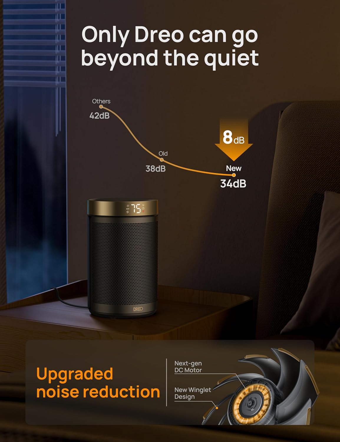 DREO Space Heater, Portable Electric Heaters for Indoor Use with Thermostat | 2026 Upgraded, 34dB Quiet, 12H Timer, 5 Mode, Remote, 1500W PTC Ceramic Fast Safety Heat for Office Bedroom Home, Gold - Image 7