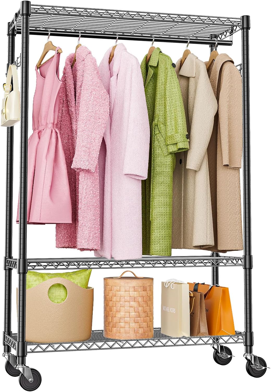 M MZG Heavy Duty Rolling Garment Rack 3 Tiers Adjustable Wire Shelving Clothes Rack with 1 Rods and Side Hooks,Storage Closet Clothing Rack with Wheels Black 15.7" D x 45.3" W x 75.6" H