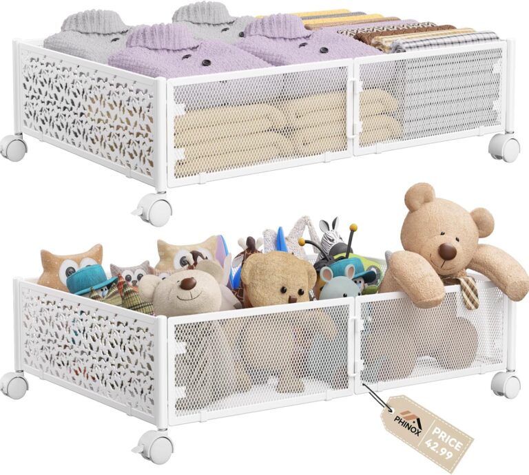 PHINOX Under Bed Storage Container with Wheels,Patterned,Metal,2 Pack,White | Tool-free assembly, glide smoothly, easy reach, foldable, maxmazie low-profile beds, dorm, keep seasonal clothes, shoes fresh