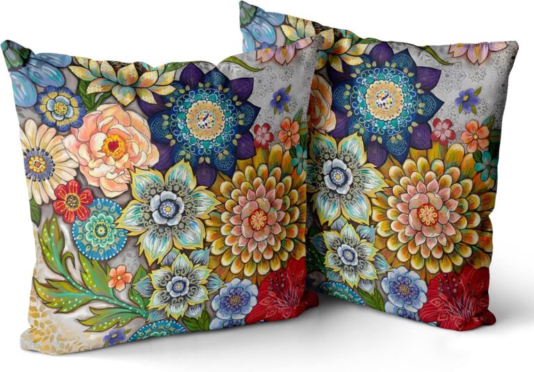 Snycler Boho Floral Throw Pillow Covers Set of 2 Colorful Boho Flower Decorative Cushions Pillowcase for Bedroom Sofa Home Decor, 20x20 Inch, Velvet, Short Plush