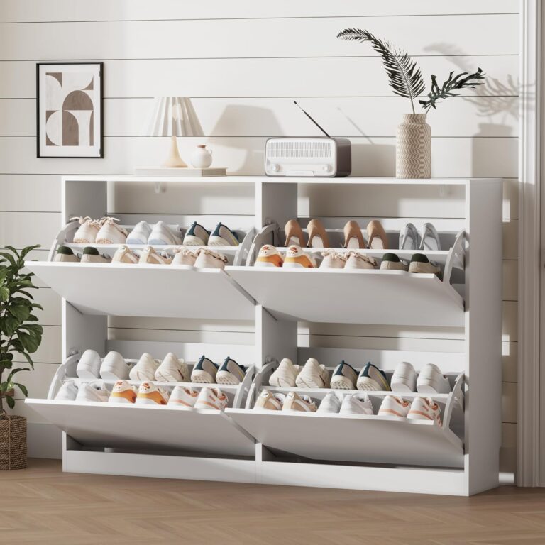 Xixini Shoe Storage Cabinet for Entryway with 4 Flip Drawers, Sturdy Wood Hidden Shoe Storage, Freestanding Narrow Slim Shoe Organizer for Front Door Entrance, Living Room, Hallway, Bedroom, White