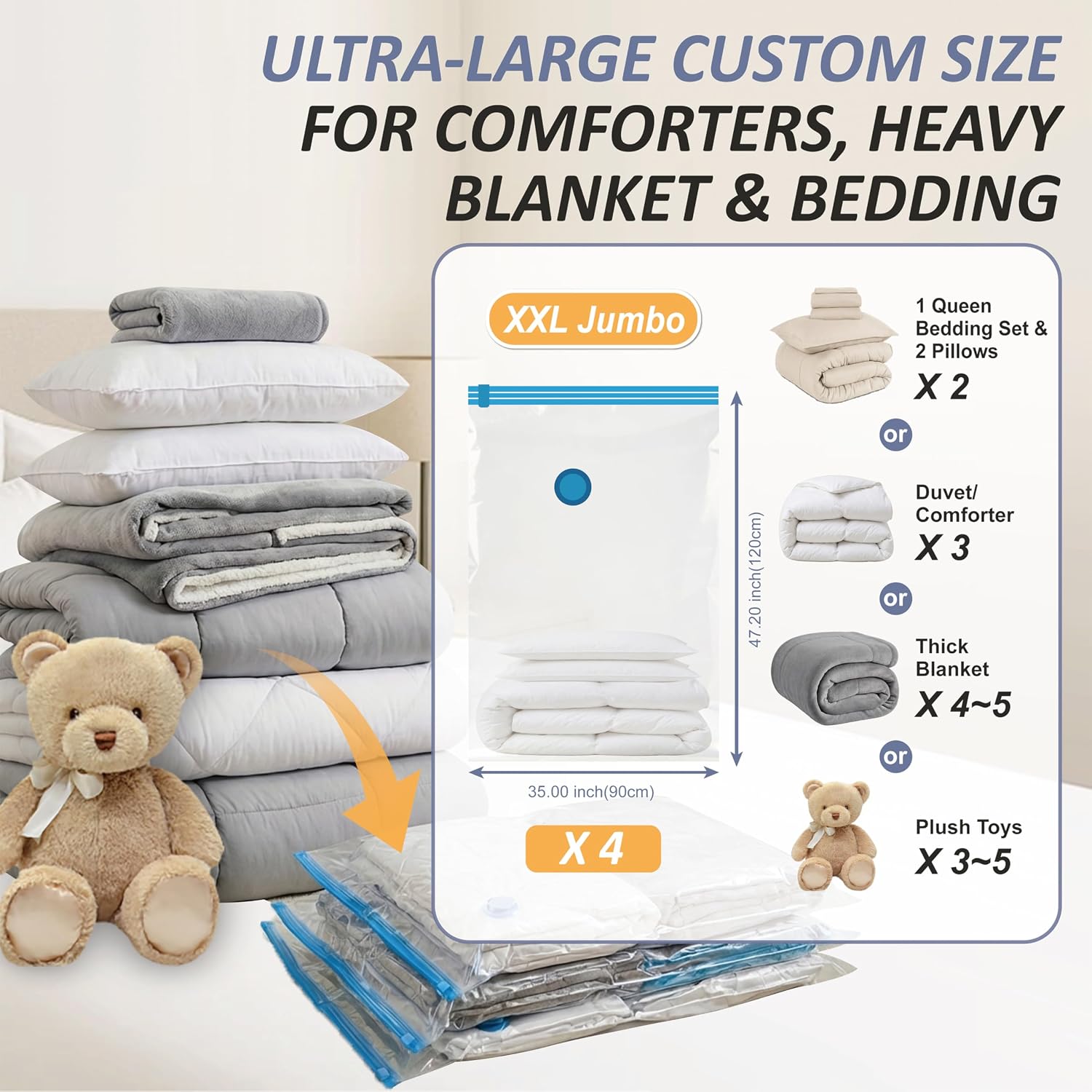 4 XXL Jumbo Vacuum Storage Bags for Bedding, Space Saver with Hand Pump | 47.2" x 35" Extra Large Vacuum Seal Bags for Bedding, Comforters, Blankets & Pillows; 80% Space-Saving Storage for Home - Image 3