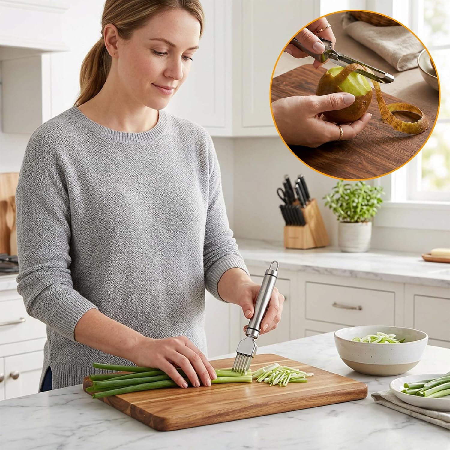 4PCS Green Onion Slicer Set, Scallion Shredder and Green Onion Cutter, Efficient Vegetable Shredder Tool with Two Straight Peelers for Kitchen Food Preparation, Durable Shredding Knife - Image 7