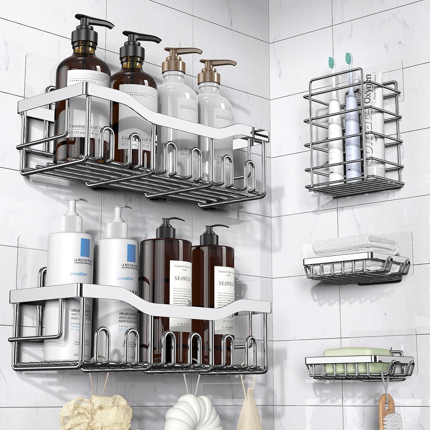 EUDELE 5-Pack Adhesive Shower Caddy Organizer, Large Capacity Rustproof Stainless Steel Shower Shelves, No Drill Bathroom Storage for Shower, Kitchen & Home Decor