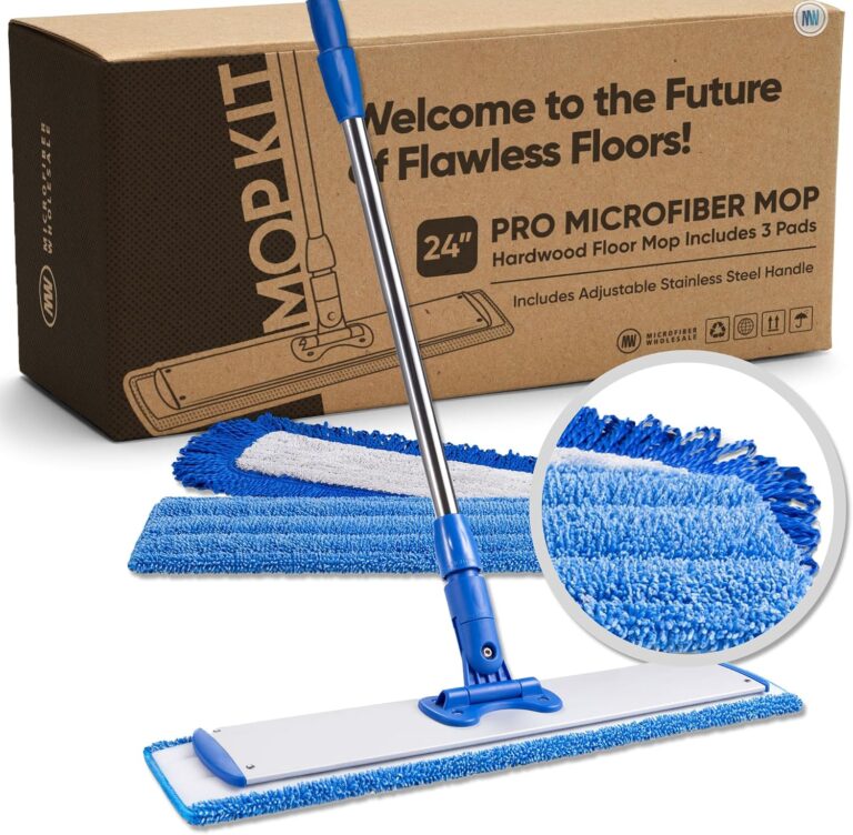Microfiber Wholesale 24" Professional Microfiber Flat Mop – Wet, Dry & Dust for Hardwood, Vinyl Plank, Laminate & Tile – Commercial Flat Mop System, 64" Stainless Handle, 3 Reusable Pads