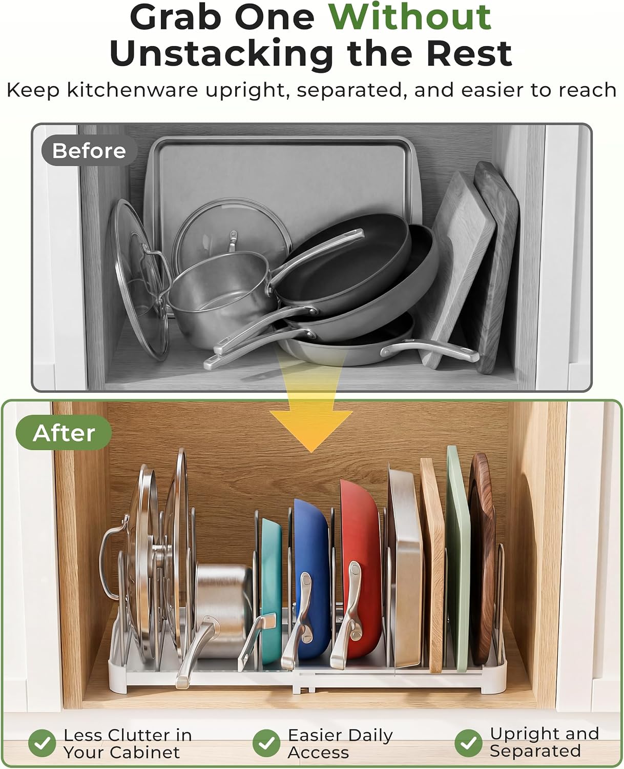 EVERIE Adjustable Cabinet Organizer for Pot Lids, Bakeware, Cookie Sheets & Cutting Boards, Upright Storage Rack for Kitchen Cabinet, Stable Dividers, 9.7" Deep, 12.6" to 21.5" Wide, GS02SS | 5mm Steel Dividers, Anti-Wobble, M-Slot for Lid Handles, BPA-Free, for Cutting Boards, Cookie Sheets, Bakeware - Image 8