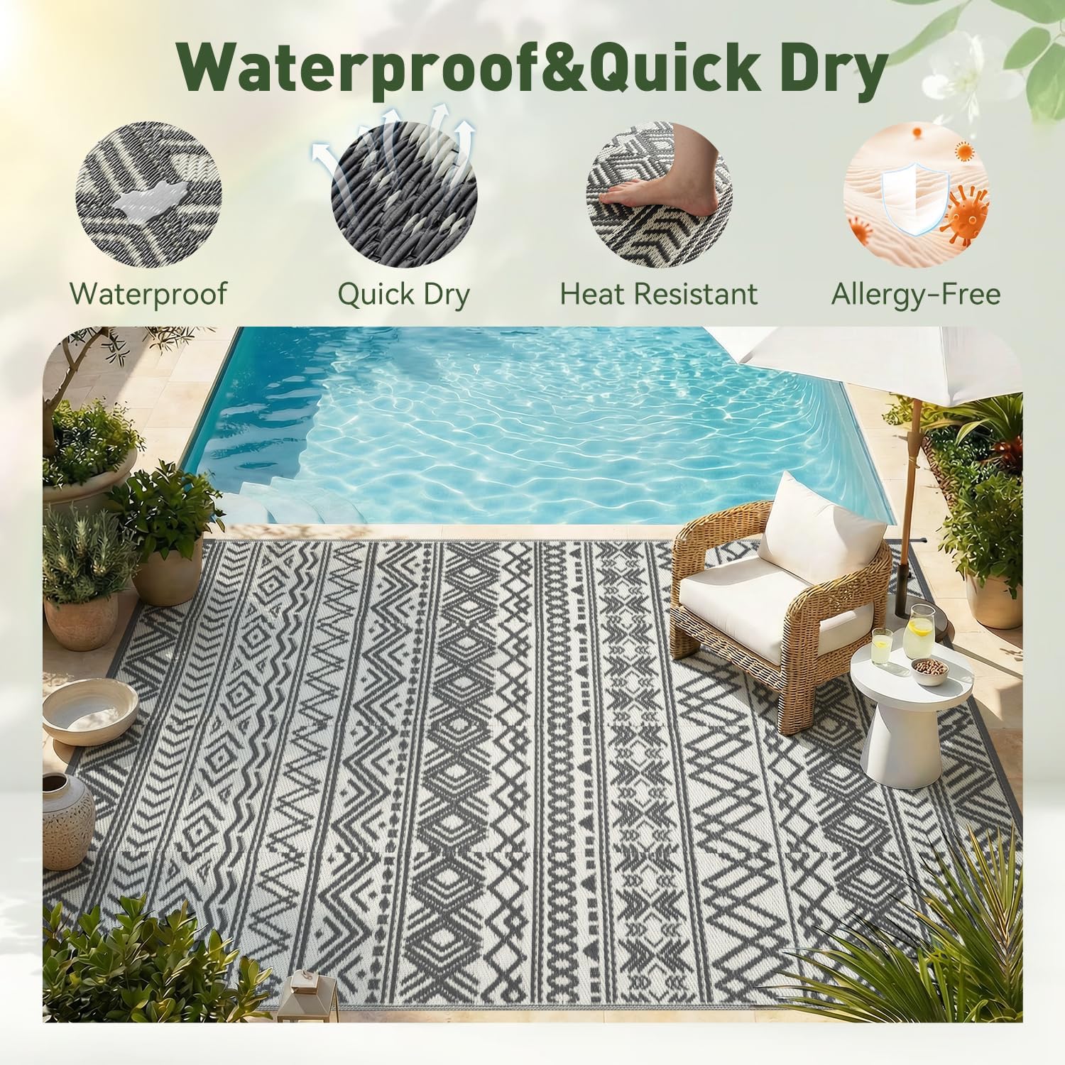 MontVoo Outdoor Rug Carpet Waterproof 5x8 Outdoor Patio Rug Mat Reverisble Plastic Straw Outdoor Rug for RV Camping Picnic Beach Balcony Boho Grey - Image 3