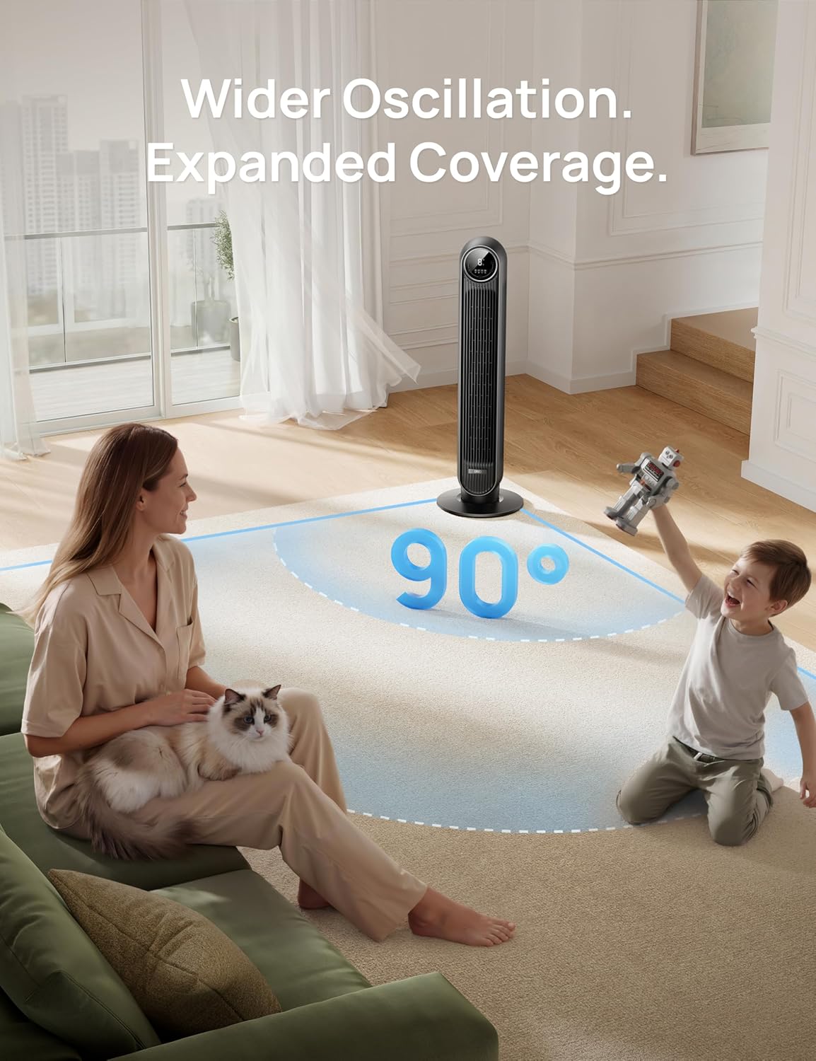 DREO Tower Fan for Bedroom, 28ft/s Velocity, Ultra Quiet Fan, 8 Speeds | 2026 Upgraded DC Motor, 90° Oscillating, 4 Modes Standing Fan, Bladeless Fan for Indoors, Floor Fans with Remote, Black - Image 5