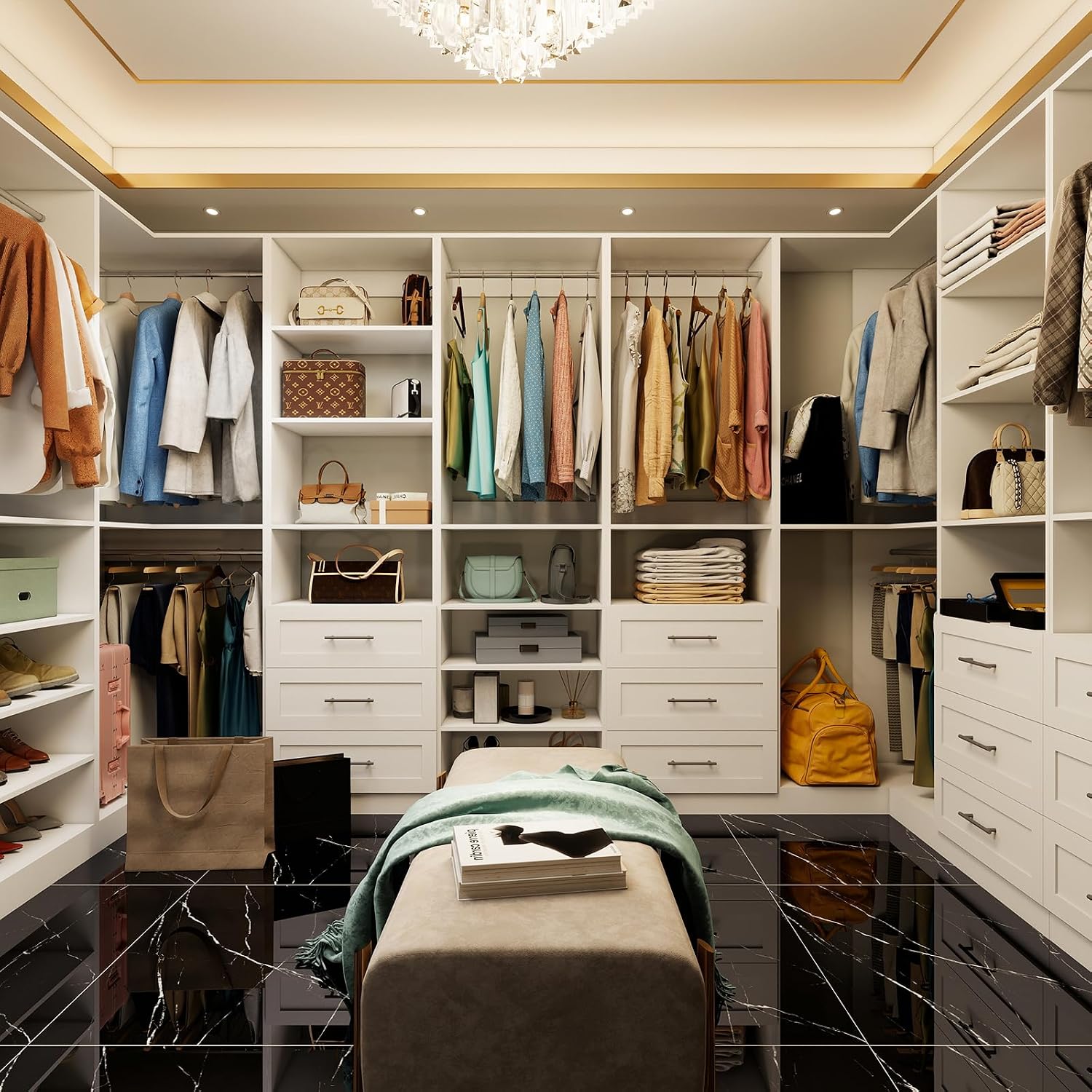 Vomavex Closet System with 4 sets, 101.9" Closet Organizer Systems with 6 Drawers & 8 Hanging Rods & Adjustable Shelves, Walk in Closet Standing Closet System, Corner Closet System Set, White - Image 7