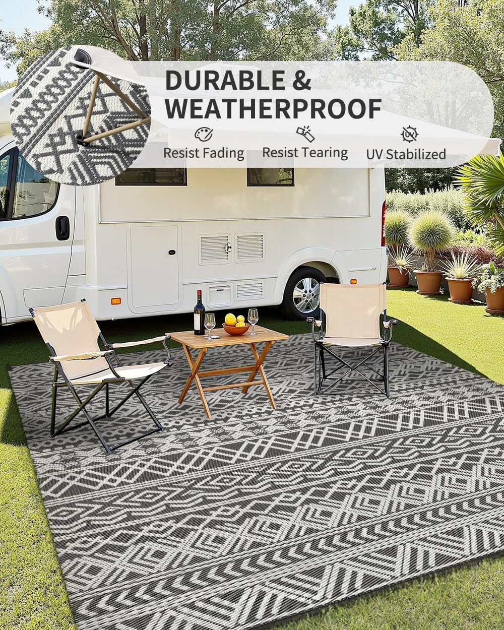 MontVoo Outdoor Rug Carpet Waterproof 5x8 Outdoor Patio Rug Mat Reverisble Plastic Straw Outdoor Rug for RV Camping Picnic Beach Balcony Boho Grey - Image 4