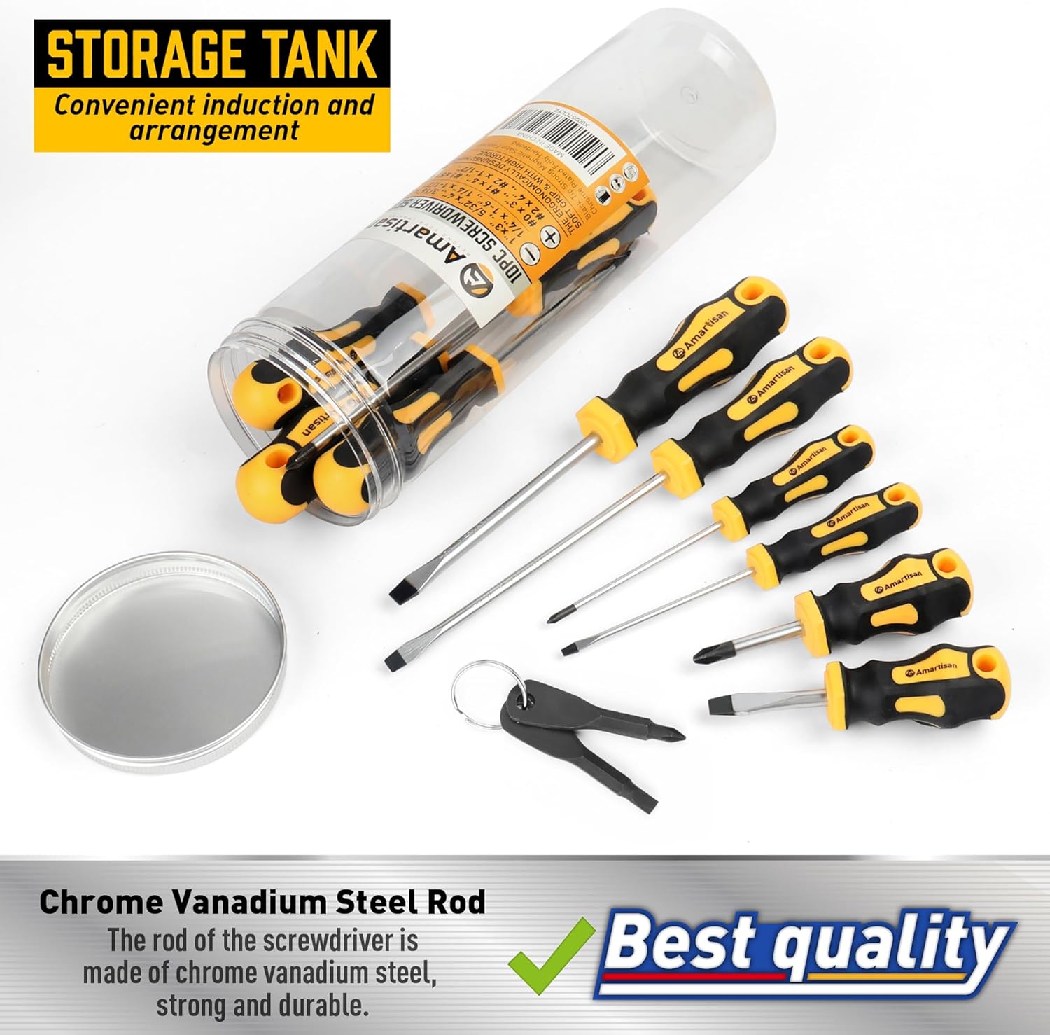 Amartisan 10-Piece Magnetic Screwdrivers Set, 5 Phillips and 5 Slotted Tips Professional Cushion Grip Screwdriver Set 2pcs Portable Multifunction Key Mini Screwdriver (Yellow) - Image 4