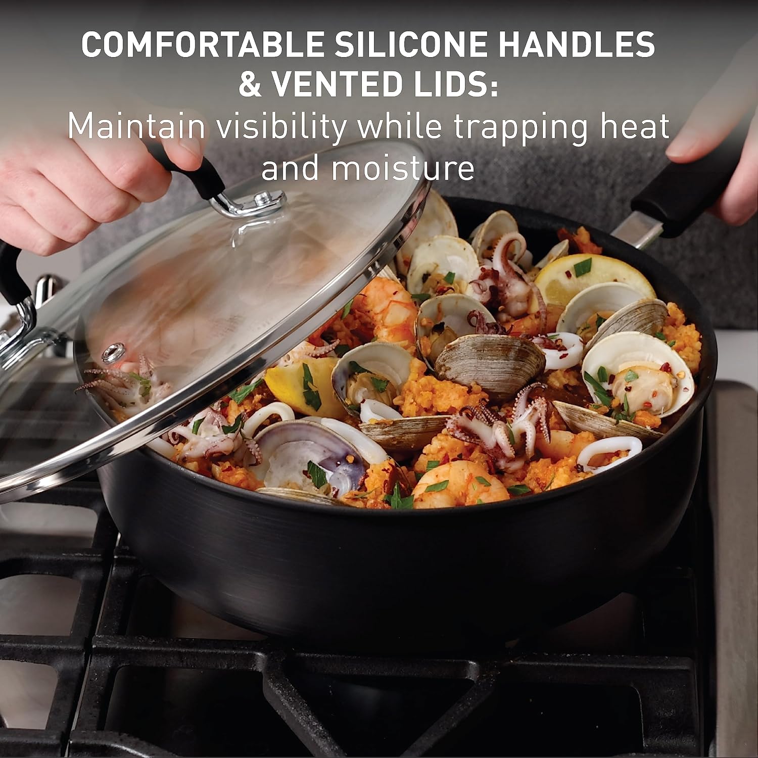 T-fal Ultimate Hard Anodized Nonstick Cookware Set 12 Piece, Oven Broiler Safe 400F, Lid Safe 350F, Kitchen Cooking Set w/Fry Pans, Saucepans, Dutch Oven, Pots and Pans, Dishwasher Safe, Onyx - Image 6