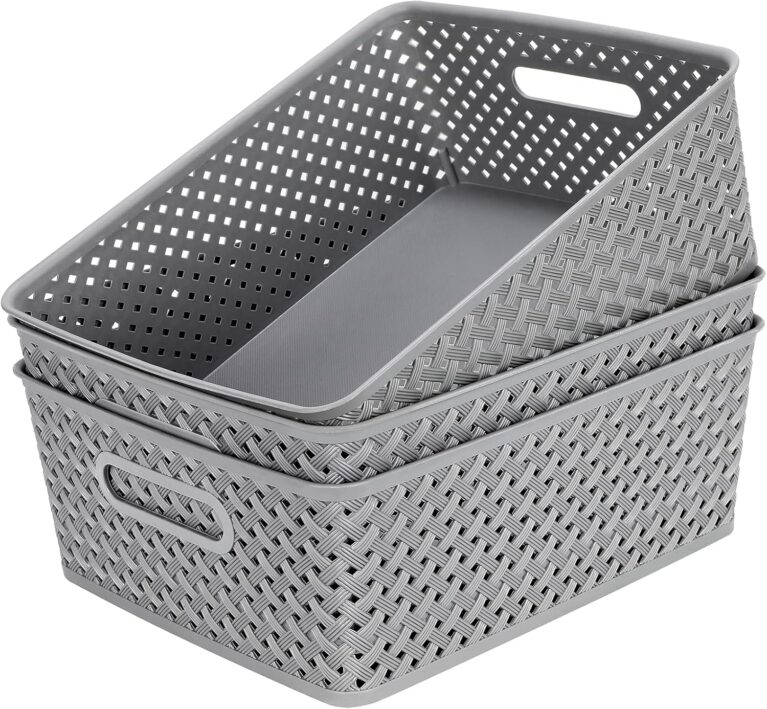 MaxGear 3 Pack Plastic Storage Baskets, Large, Grey | Durable Woven Plastic with Built-In Handles, Suitable for Shelves, Closets, Cabinets, Bathrooms and Offices
