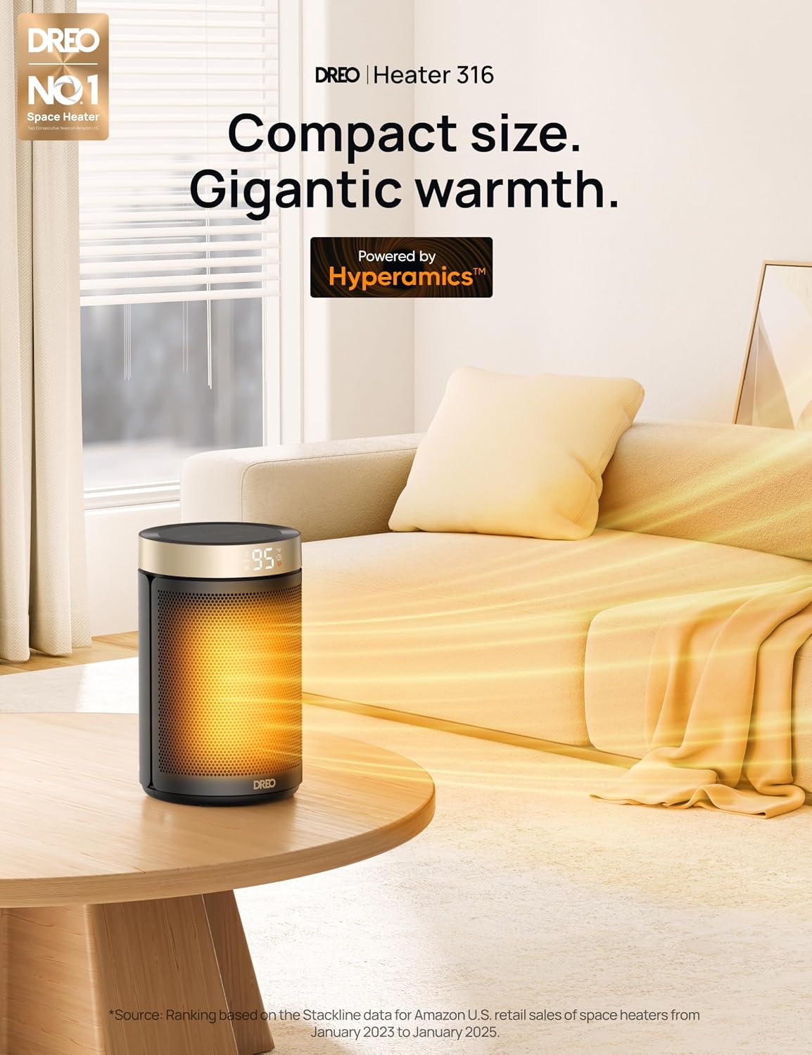 DREO Space Heater, Portable Electric Heaters for Indoor Use with Thermostat | 2026 Upgraded, 34dB Quiet, 12H Timer, 5 Mode, Remote, 1500W PTC Ceramic Fast Safety Heat for Office Bedroom Home, Gold - Image 2