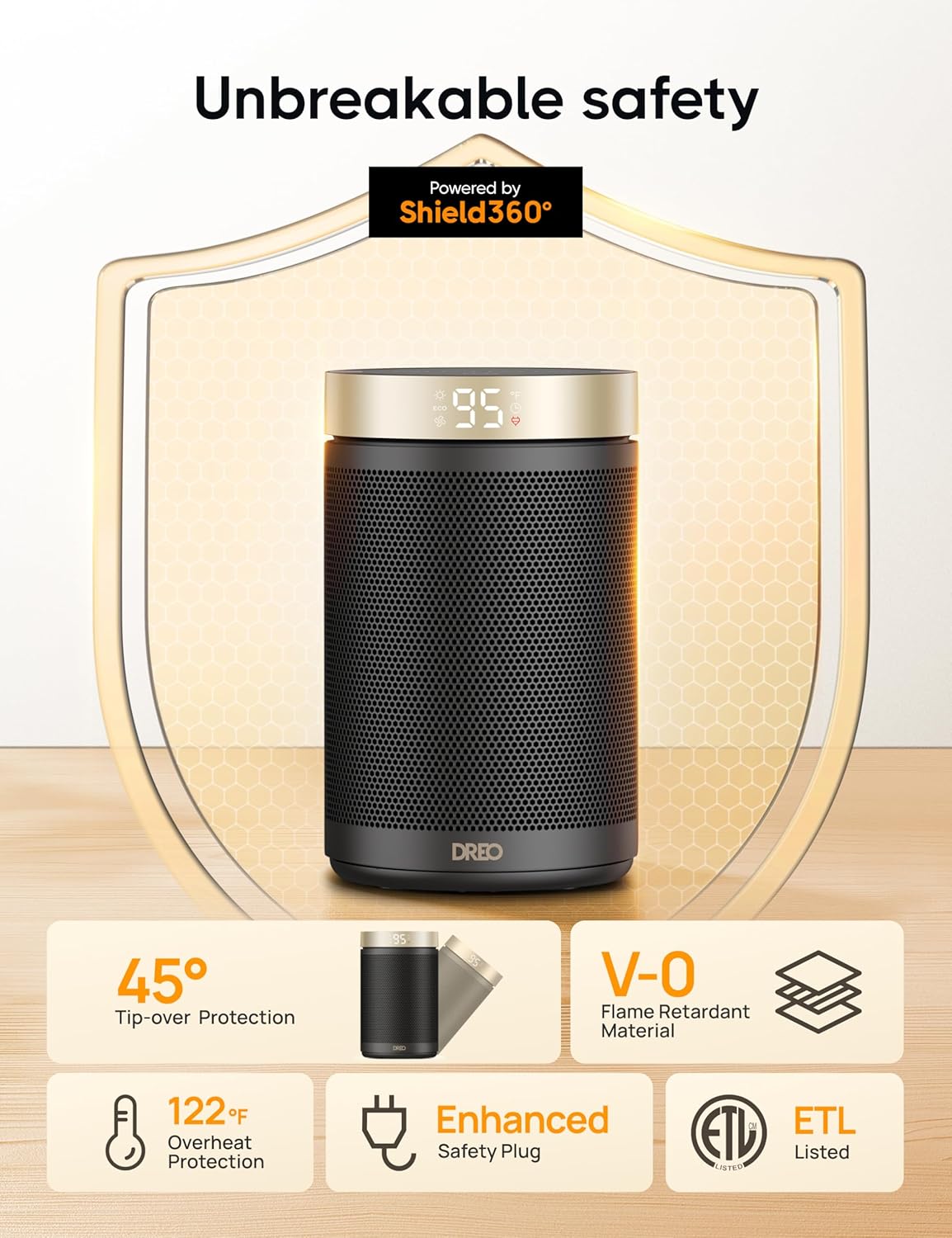 DREO Space Heater, Portable Electric Heaters for Indoor Use with Thermostat | 2026 Upgraded, 34dB Quiet, 12H Timer, 5 Mode, Remote, 1500W PTC Ceramic Fast Safety Heat for Office Bedroom Home, Gold - Image 5