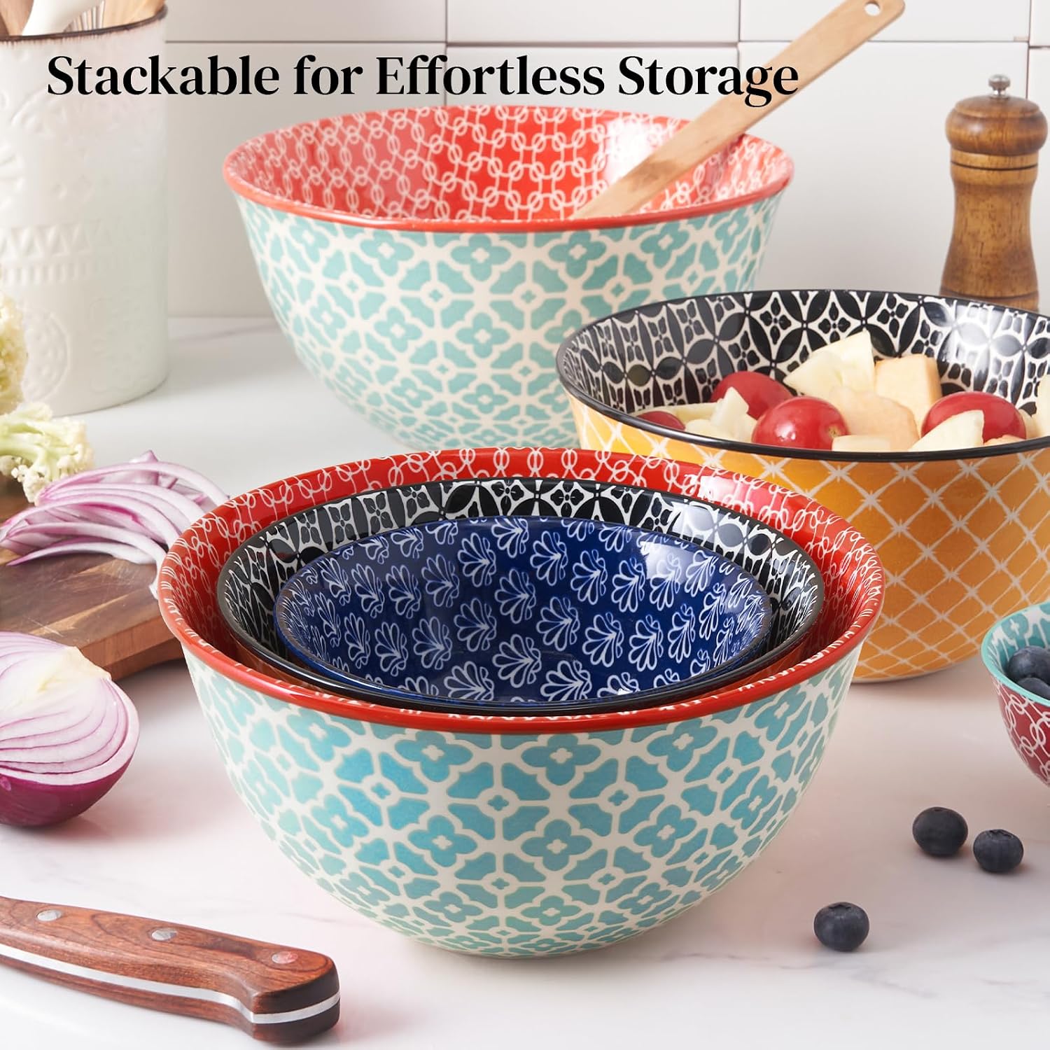 DOWAN Mixing Bowls, Ceramic Mixing Bowls for Kitchen, Colorful Vibrant Nesting Bowls for Cooking, Baking, Prepping, Serving, Salad, Housewarming Gift, Microwave Dishwasher Safe, 3.7/2/1 Qt, Set of 3 - Image 5
