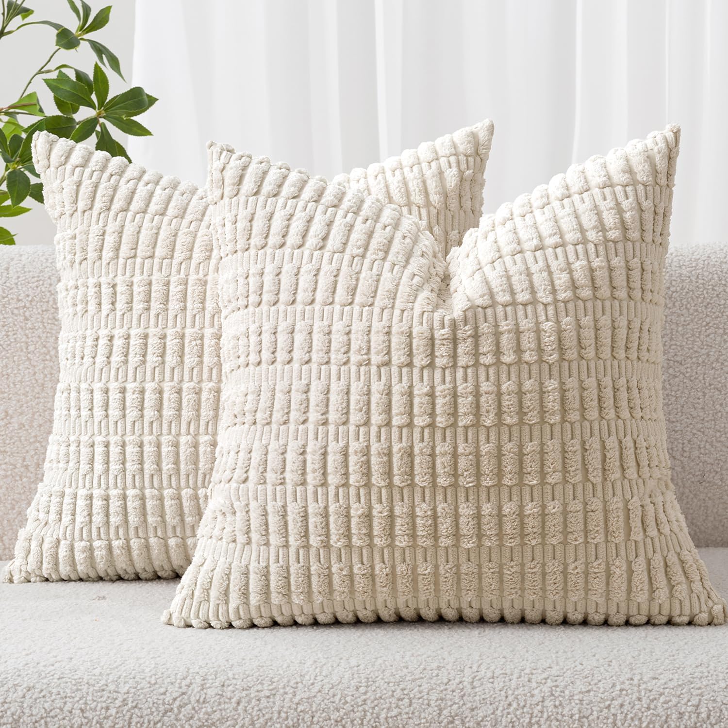 MIULEE Corduroy Decorative Throw Pillow Covers 18x18 Cream White Pack of 2 | Soft Boho Striped Pillow Covers Modern Farmhouse Home Decor For Sofa Living Room Couch Bed