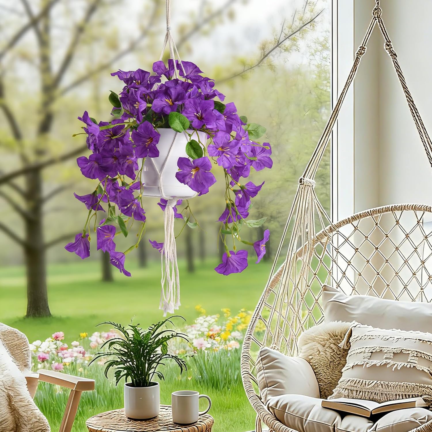 2 Sets Artificial Hanging Fake Flowers for Outdoors with Basket | Realistic faux petunias plants for patio, porch, balcony, garden, or yard, UV Resistant & fade-resistant, Purple - Image 7