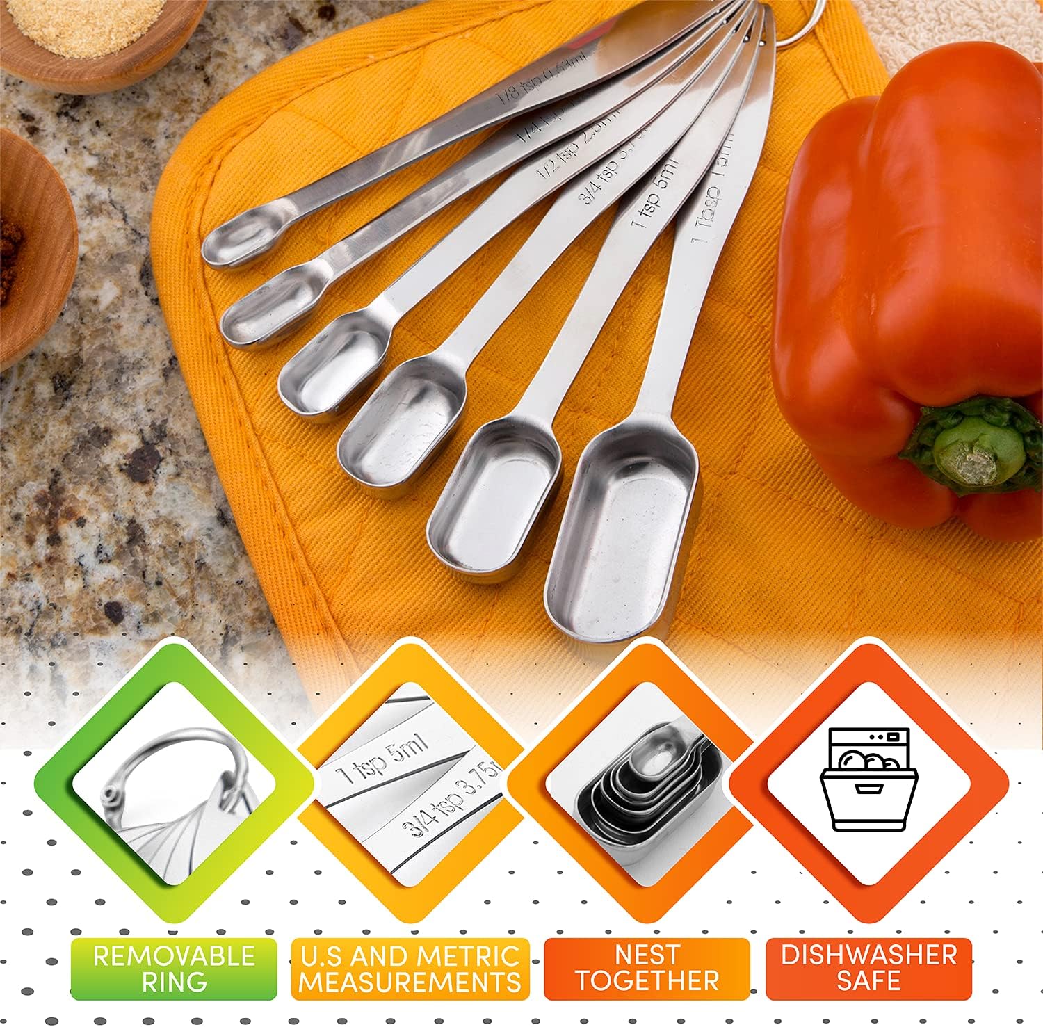 Spring Chef Nesting Stainless Steel Measuring Spoons Set of 7 with Leveler | Rectangular Metal Teaspoon & Tablespoon Measuring Spoons for Dry & Liquid Ingredients, Fits in Spice Jars, Long Handle - Image 6