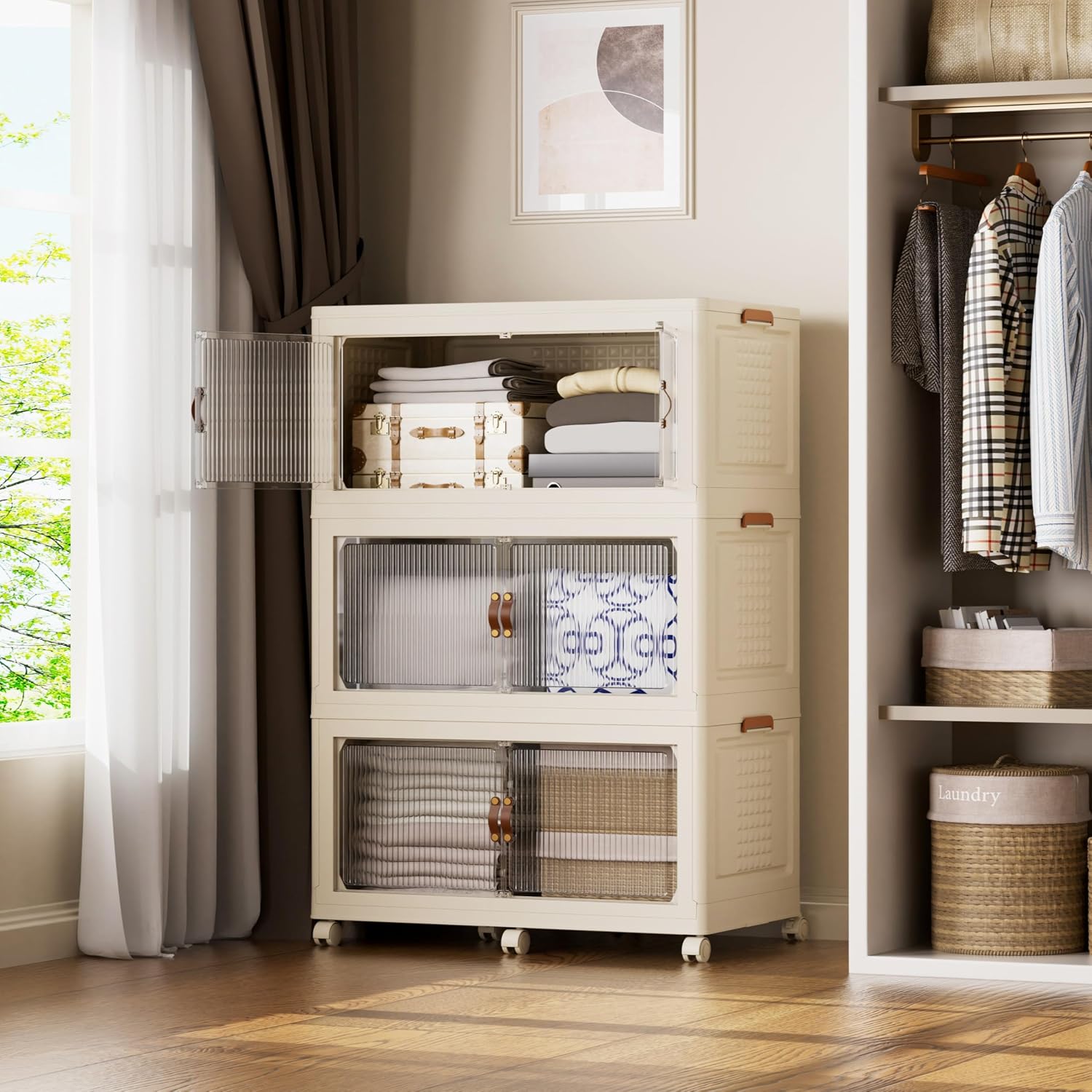 SAILUN 579Qt Stackable Storage Bins,Storage Cabinet with a Lid,3 Pack Cream | Stackable Storage Drawers with Lids,33.5" W x 19" D x 53" H,Featuring open-front Access for Clothes and Closet Storage