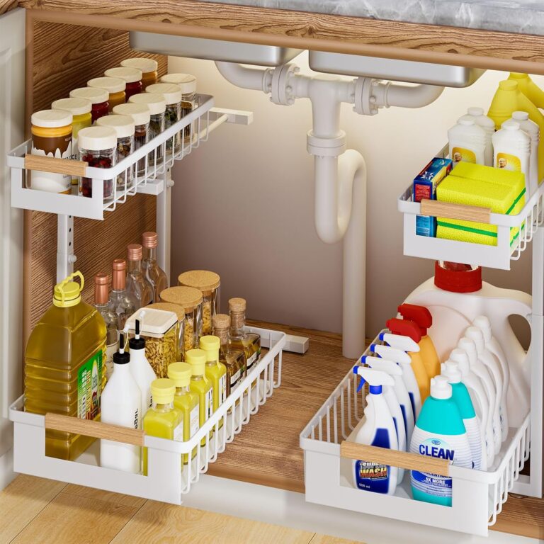2 Pack Under Sink Organizer, 2 Tier Pull Out Cabinet Organizer with 5-Level Adjustable Height, Sliding Metal Storage Rack for Kitchen Bathroom Pantry, White