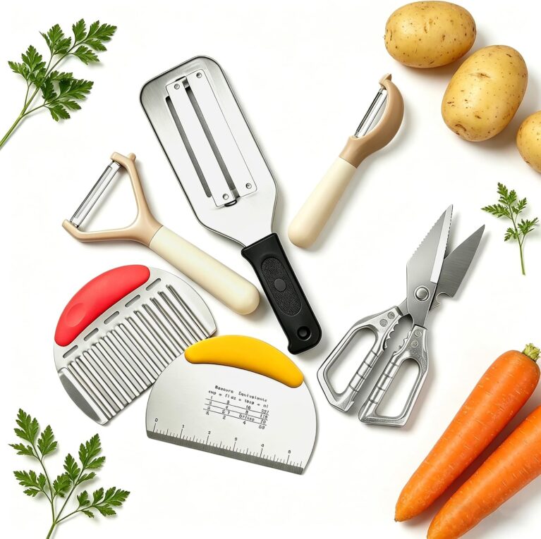 6-Piece Kitchen Utensil Set - Includes Heavy Duty Kitchen Shears, Cabbage Shredder, Y & Straight Peelers, Crinkle Cutter, and Dough Scraper - Food Prep Tools for Shredding, Peeling, Slicing