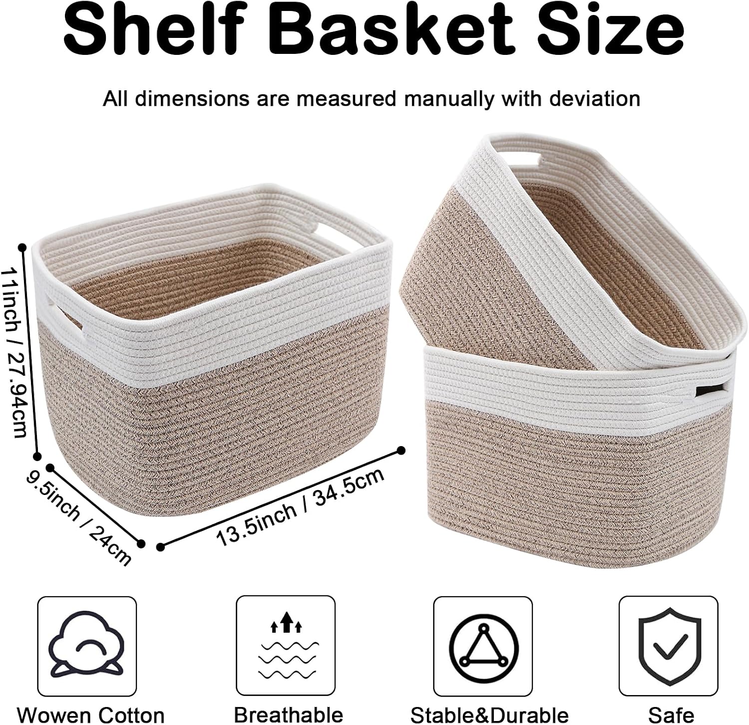 3 Pack Woven Baskets,Storage Baskets for Shelves with Handles | 13.5"×11"×9.5" Closet Baskets, Nursery Organizer for Toys Towels Books, Storage Bin for Living Room Bedroom (White&Brown) - Image 2