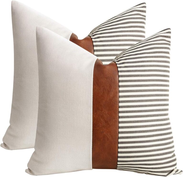Set of 2 Farmhouse Decor Stripe Patchwork Linen Throw Pillow Covers,Modern Tan Faux Leather Accent Pillow Covers 18x18 inch for Couch Sofa Bedroom Livingroom, Gray