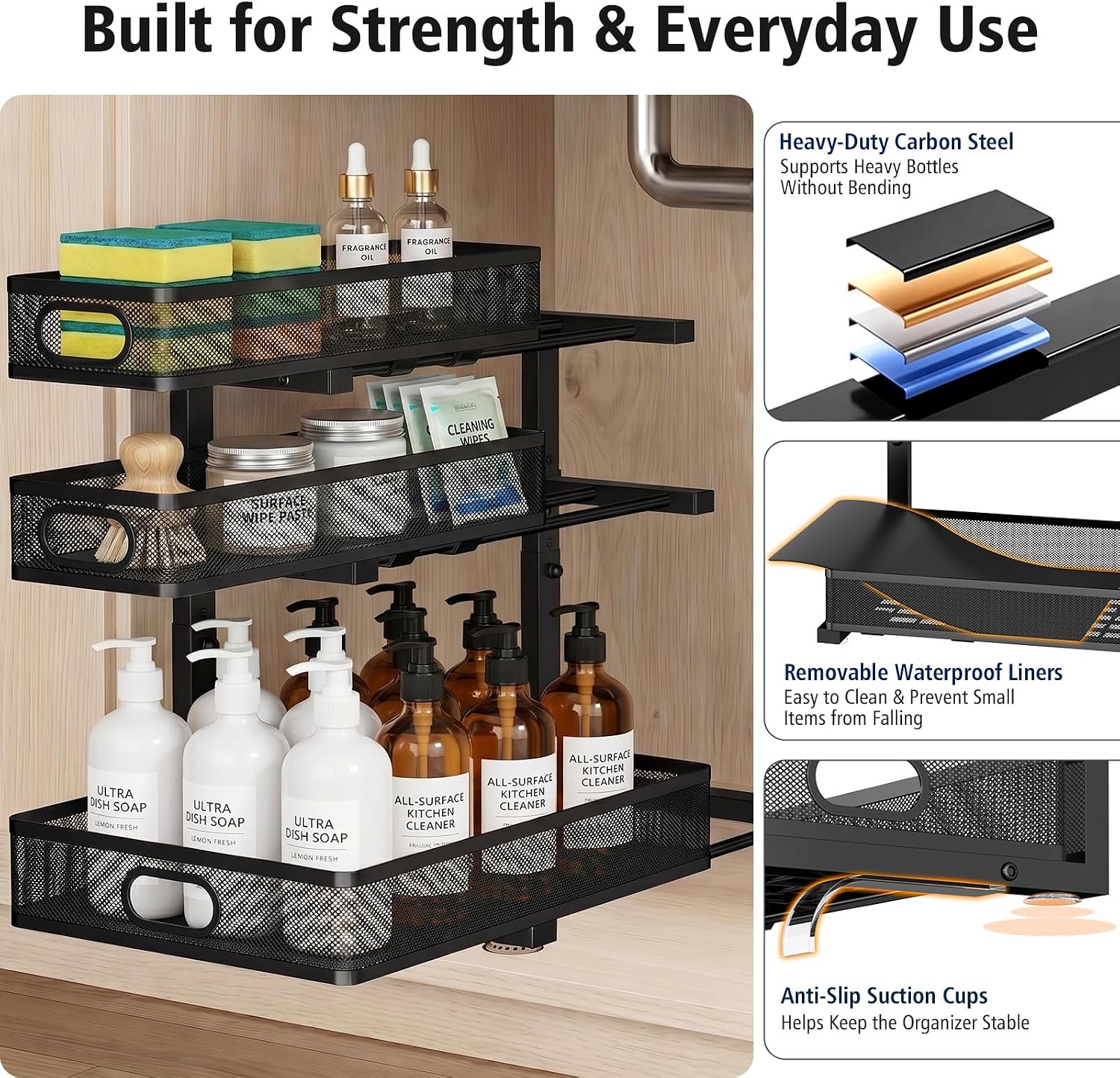 Under Sink Organizer, 3 Tier Pull Out Cabinet Organizer with 5 Adjustable Heights, Metal Under Sink Storage with Sliding Drawers for Kitchen, Bathroom, Pantry and Laundry Room, 2-Pack Black - Image 7
