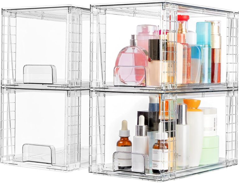 Vtopmart 4 Pack Large Stackable Storage Drawers, Clear | Easily Assemble Bathroom Closet Undersink Organizers and Storage Kitchen Cabinets,Pantry,Makeup,Medicine Organization