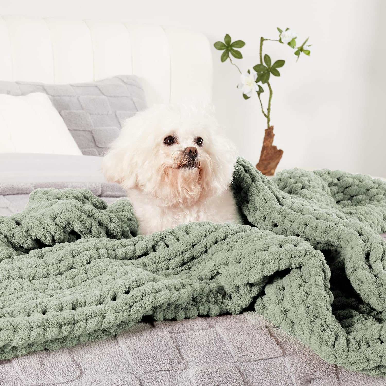 Chenille Chunky Knit Throw Blanket for Couch 50"x60", Sage Green | Handmade Chenille Crochet Throw for Sofa Bed, Thick Cable Knitted Blankets for Room Home Decor, Birthday Gift for Women - Image 4