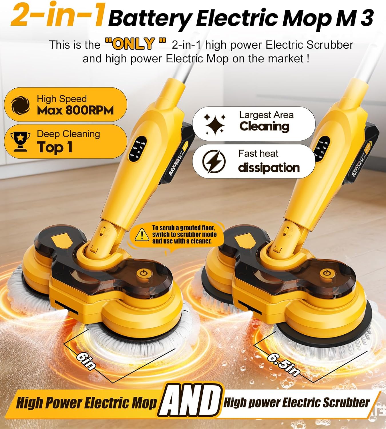 qimedo Cordless Electric Mop M3, 6000mAh, 2-in-1 Power Scrubber & Mops | 800RPM Floor Scrubber Machine, Automatic Spin Mops with Smart Display, Rotating Mop with LED Light & Water Spray - Image 2
