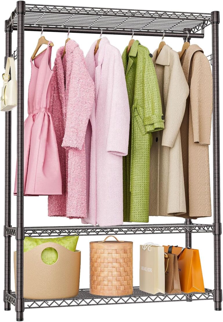 M MZG Heavy Duty Rolling Garment Rack 3 Tiers Adjustable Wire Shelving Clothes Rack with 1 Rods and Side Hooks,Storage Closet Clothing Rack Grey 15.7" D x 45.3" W x 72.4" H