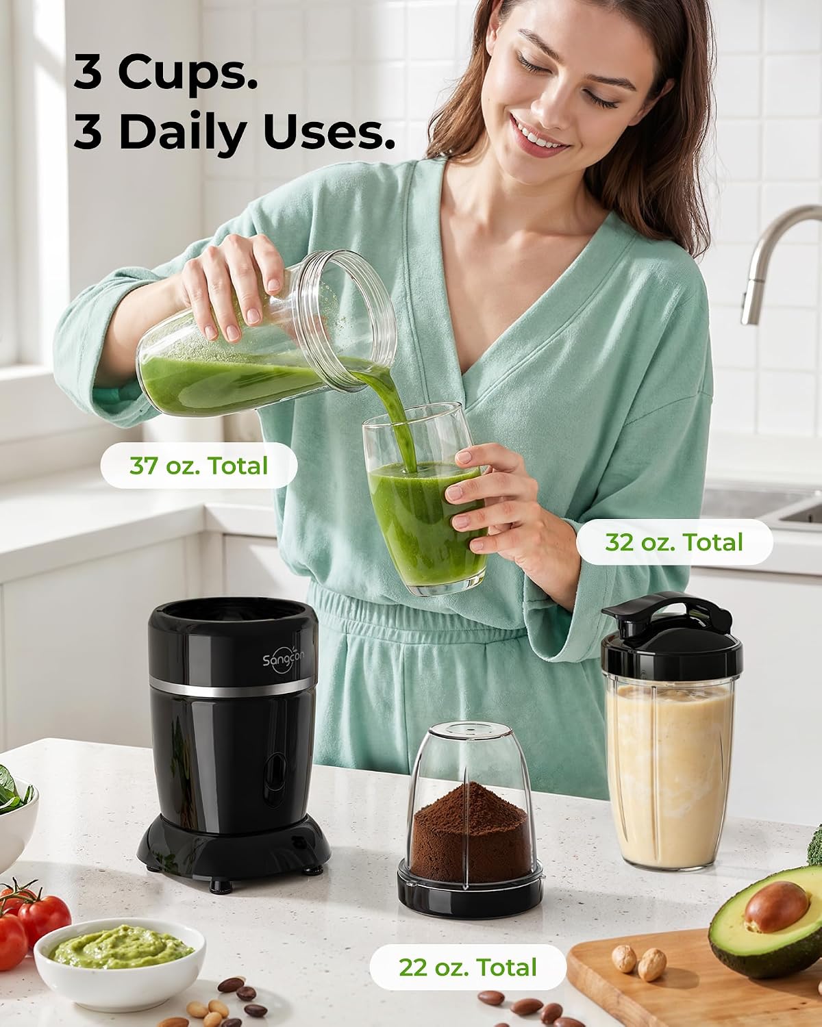 Sangcon 1000W Personal Smoothie Blender, Protein Shakes, Home & Gym, Black | 37/32/22 oz BPA-Free To-Go Cups with 6-Leaf Blade, Frozen Fruit, Ice Crushing, Baby Food, Sauces, Dips, Coffee, Nuts, Spices - Image 9