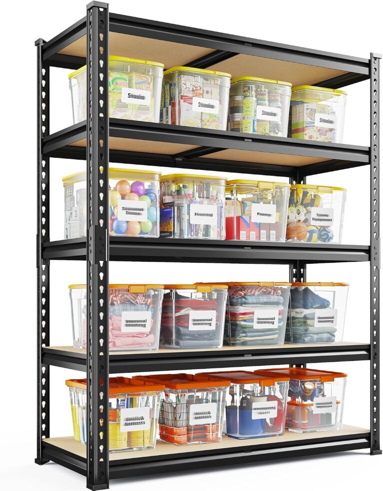 REIBII 2400 Lbs Garage Shelving for Pantry, Adjustable Storage Shelves | 5 Tier Shelf, 5 Reinforcing Ribs, Steel Frame with Powder Coat, Tool-Free Assembly, Freestanding, 35.5" W x 72" H