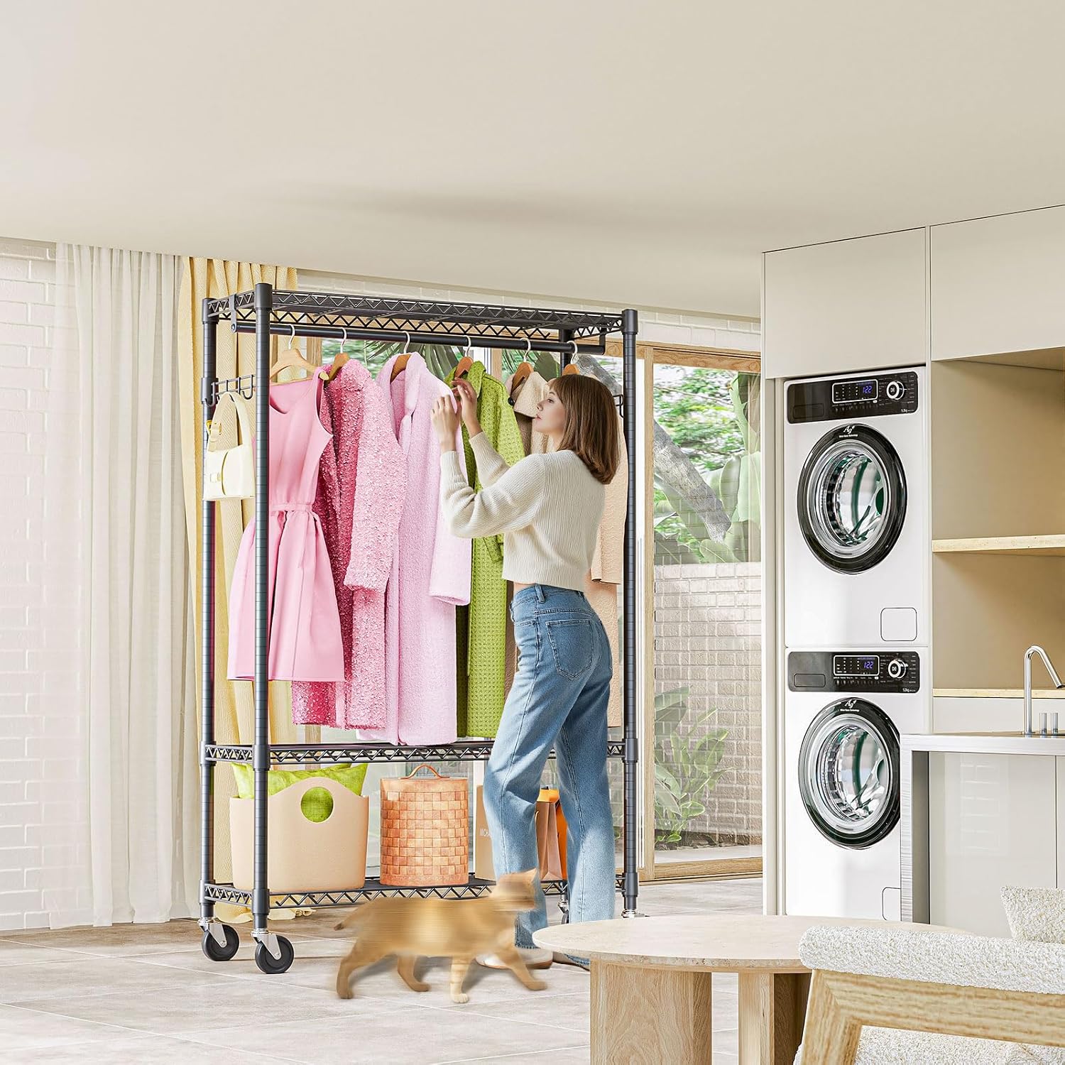 M MZG Heavy Duty Rolling Garment Rack 3 Tiers Adjustable Wire Shelving Clothes Rack with 1 Rods and Side Hooks,Storage Closet Clothing Rack with Wheels Black 15.7" D x 45.3" W x 75.6" H - Image 7
