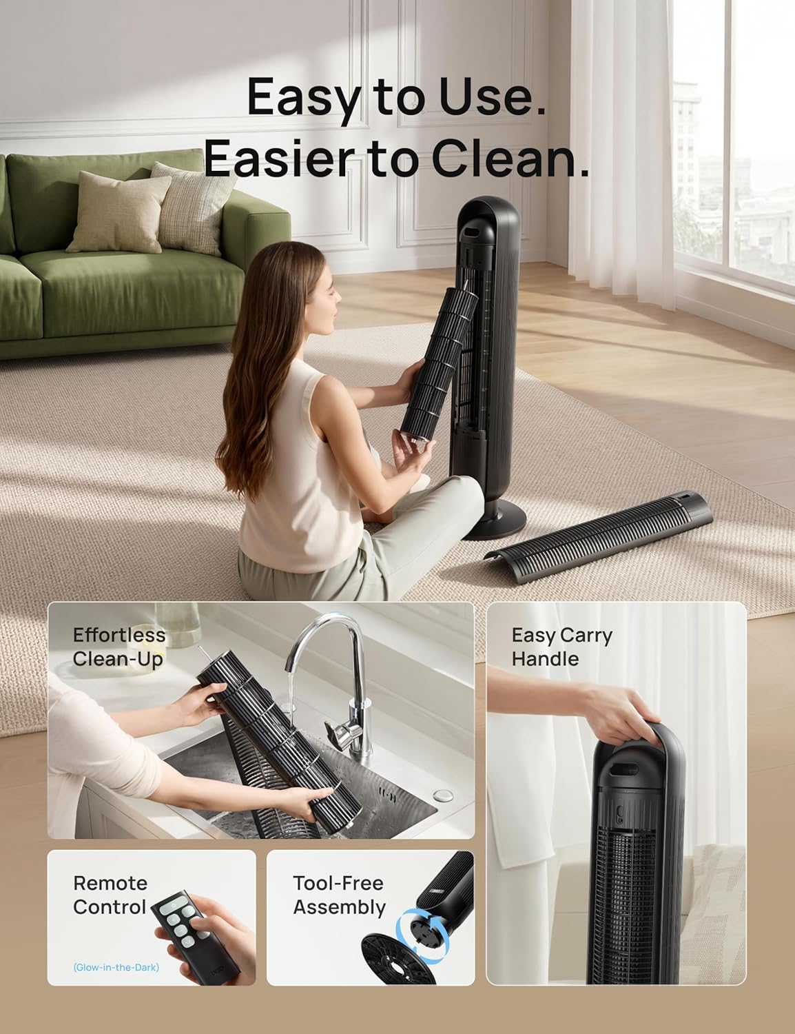 DREO Tower Fan for Bedroom, 28ft/s Velocity, Ultra Quiet Fan, 8 Speeds | 2026 Upgraded DC Motor, 90° Oscillating, 4 Modes Standing Fan, Bladeless Fan for Indoors, Floor Fans with Remote, Black - Image 6