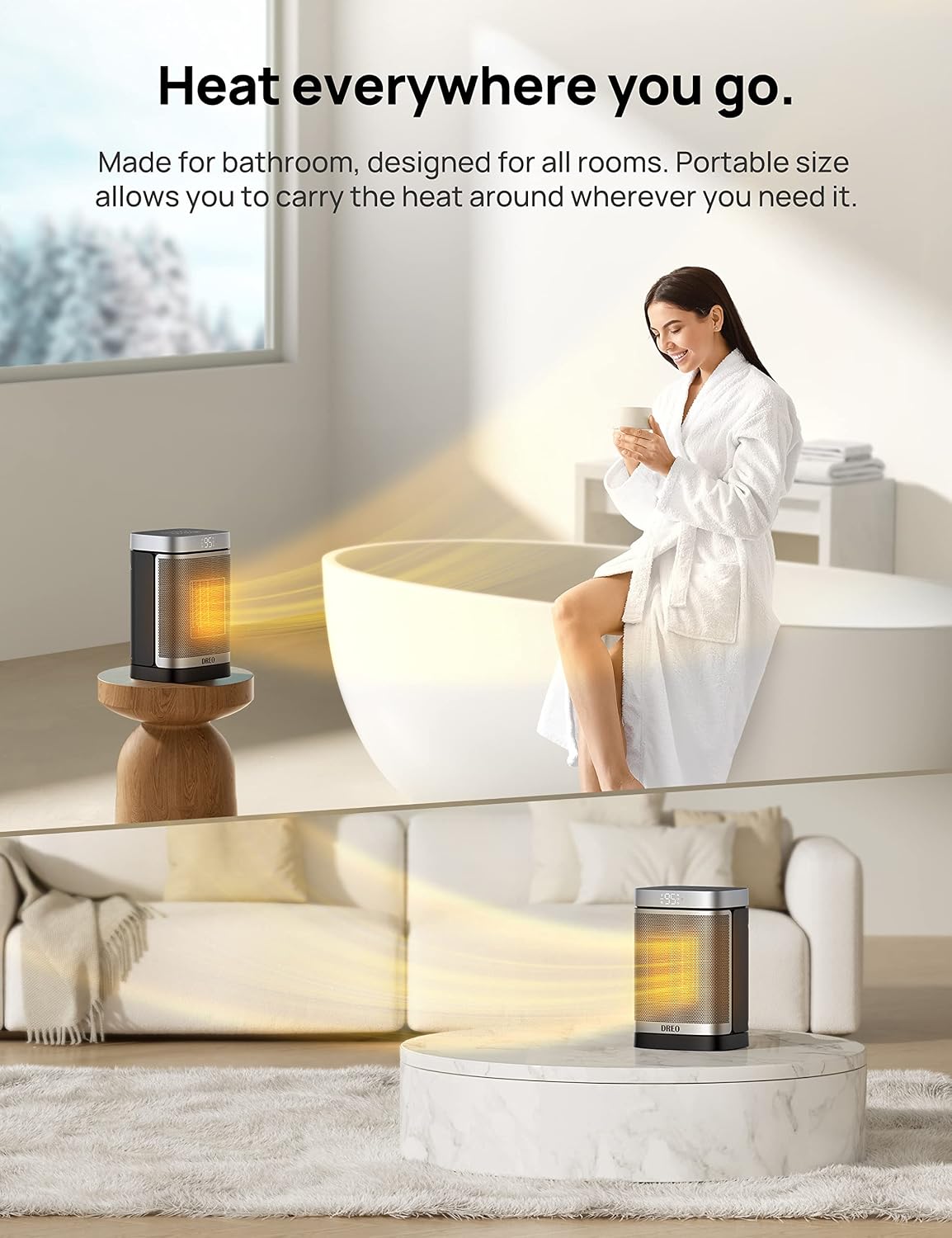 DREO Space Heater for Bathroom and Indoor, Safe and Quiet Portable Heater | ALCI Safety Plug, 41-95°F Digital Thermostat, Remote, 70°Oscillating, 12h Timer, 5 Modes, 1500W PTC Ceramic Heater - Image 6