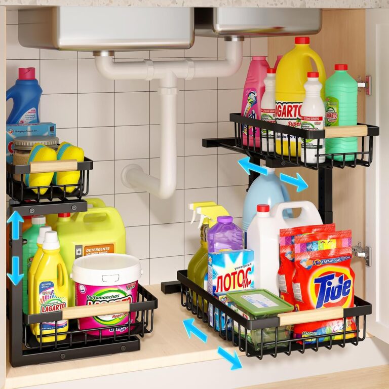 REALINN Under Sink Organizer, 2 Pack Height Adjustable Under Sink Organizers and Storage, 2 Tier Pull Out Drawer Cabinet Storage for Kitchen Bathroom