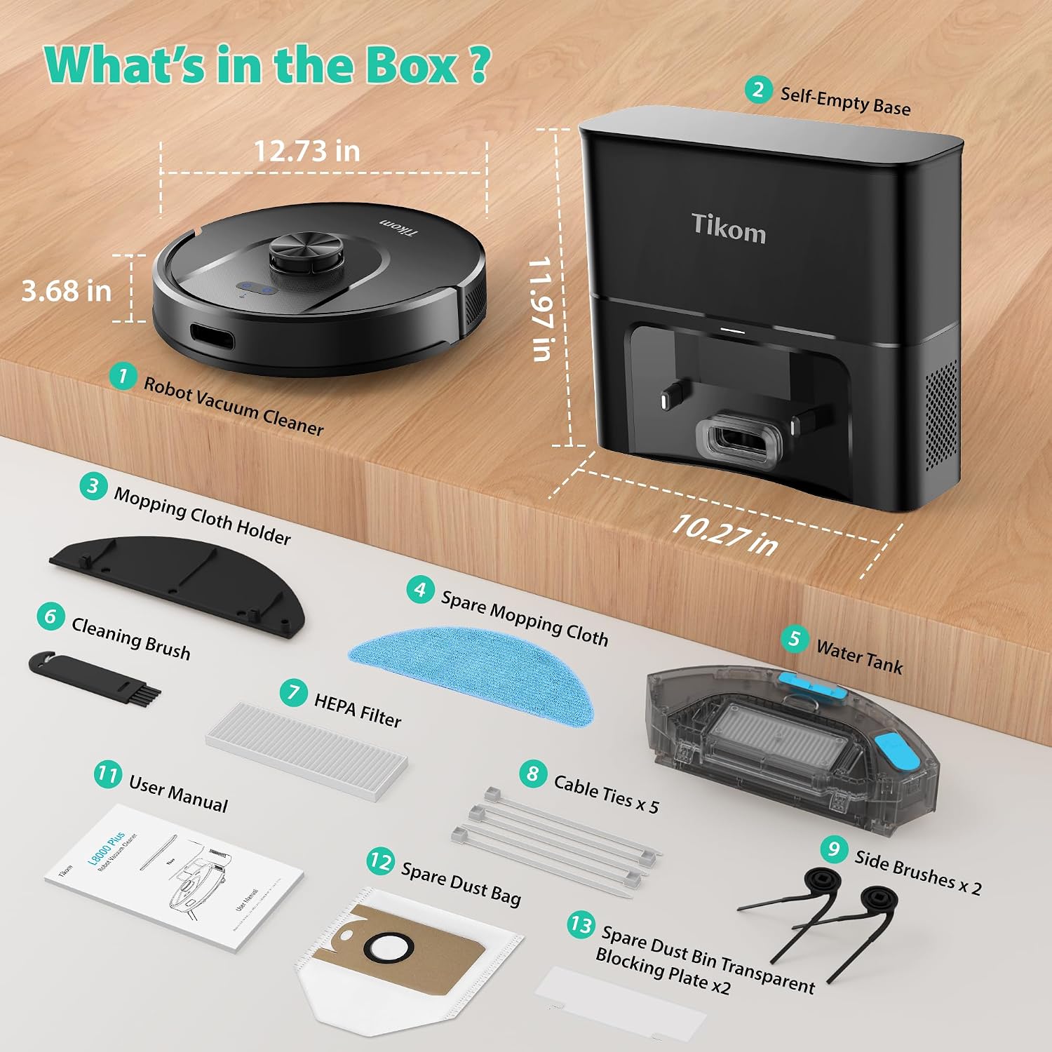 Tikom Robot Vacuum and Mop, Robotic Vacuum Cleaner with Self-Emptying Base | 6000Pa, 90 Days Capacity, LiDAR Navigation, Home Mapping, Ideal for Pet Hair, Hard Floors, Carpet (L8000 Plus) - Image 9